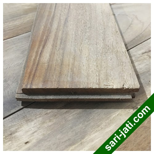 Flooring lantai kayu jati perhutani I grade B ada putih ukuran 1,5 x 9 cm model SF 1590